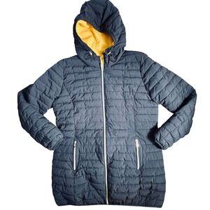 Laurier & Co Montreal Quilted Puffer Jacket Women's M Hooded Navy Yellow Lined
